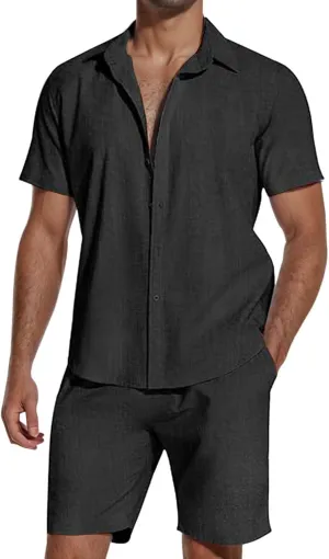 SHEKINI Men's Cotton 2 Piece Pajama Set Short Sleeve Button Down Shirt & Lightweight Shorts for Summer Beach Casual Outfits