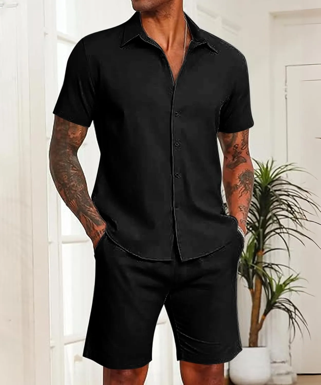 SHEKINI Men's Cotton 2 Piece Pajama Set Short Sleeve Button Down Shirt & Lightweight Shorts for Summer Beach Casual Outfits