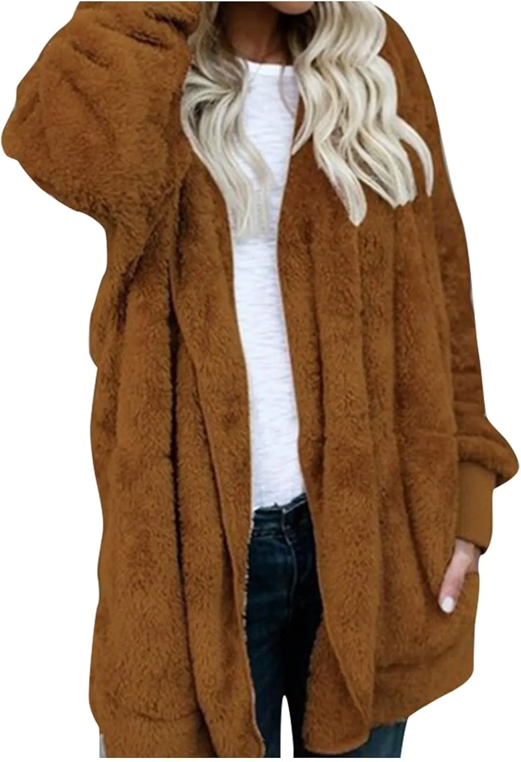 Sherpa Jacket Women Fuzzy Fleece Long Cardigan Sweaters Comfy Soft Oversized Hoodie with Pockets Faux Fur Coats