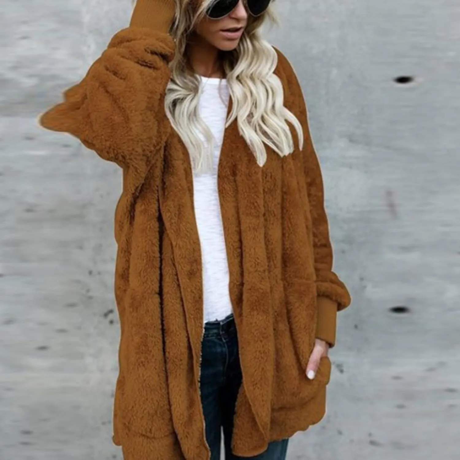 Sherpa Jacket Women Fuzzy Fleece Long Cardigan Sweaters Comfy Soft Oversized Hoodie with Pockets Faux Fur Coats