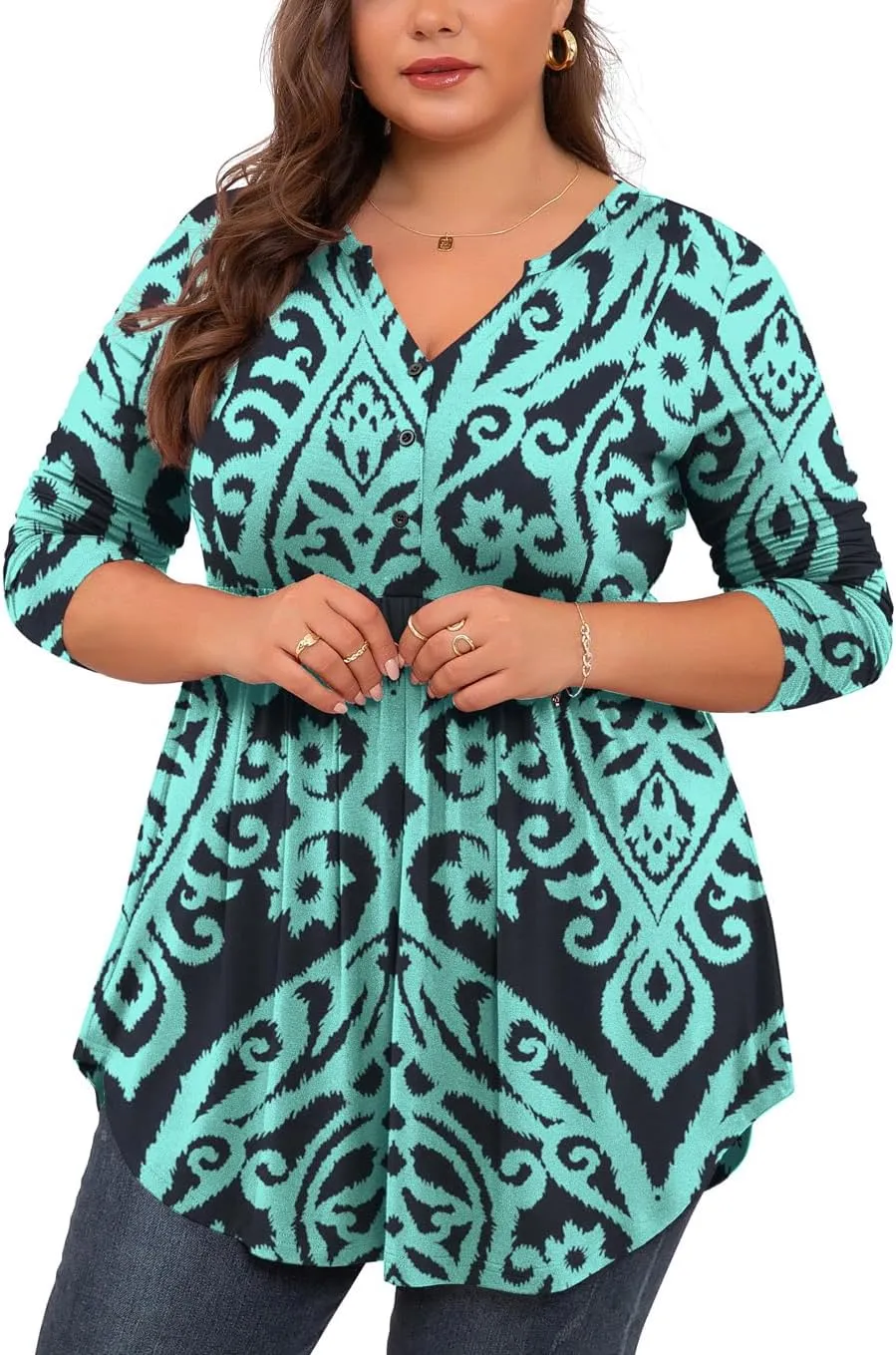 SHIJIALI Women's Plus Size Henley Shirts V Neck Button Tunic Tops Casual Long Sleeve Swing Flowy Blouse
