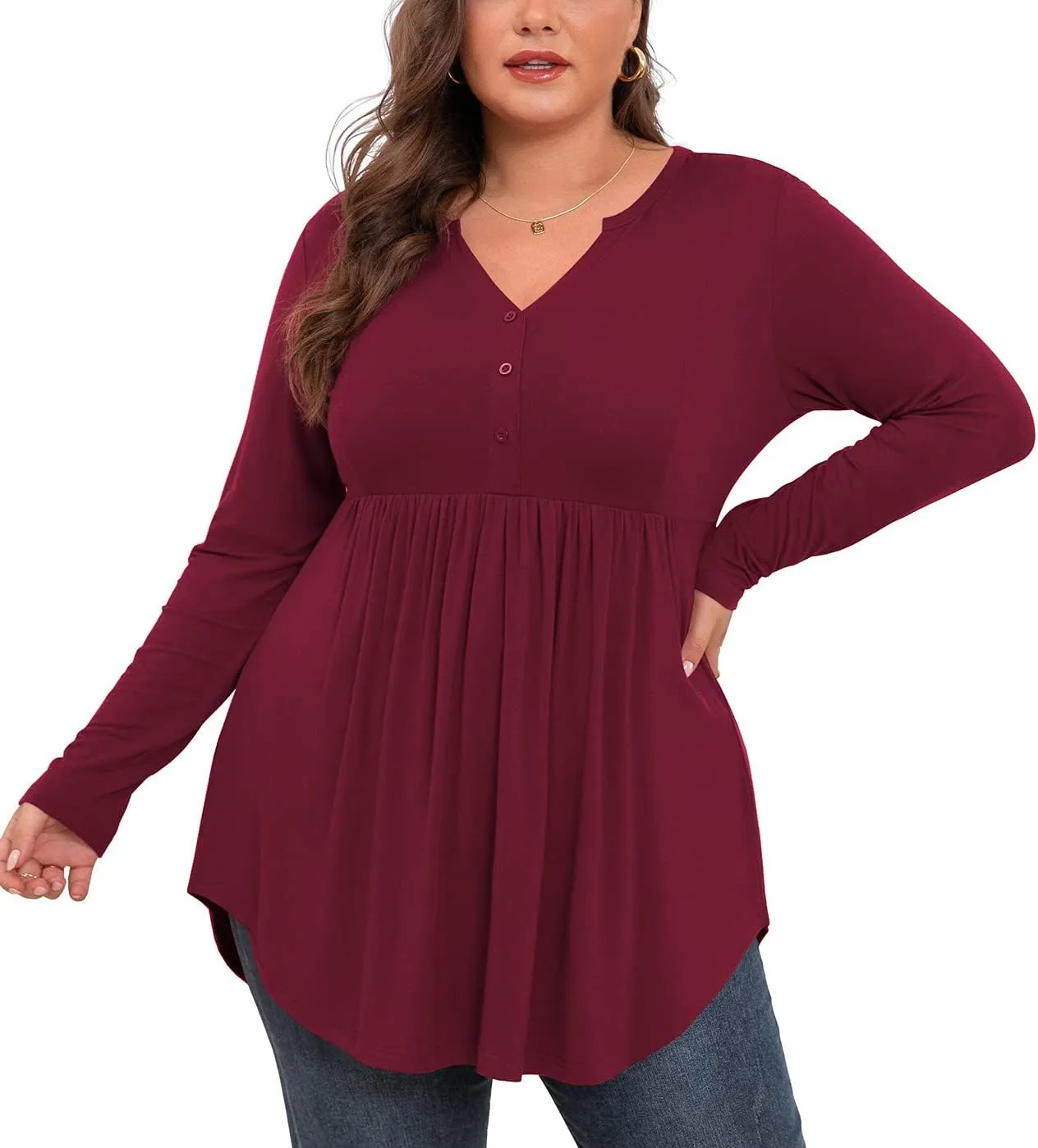 SHIJIALI Women's Plus Size Henley Shirts V Neck Button Tunic Tops Casual Long Sleeve Swing Flowy Blouse