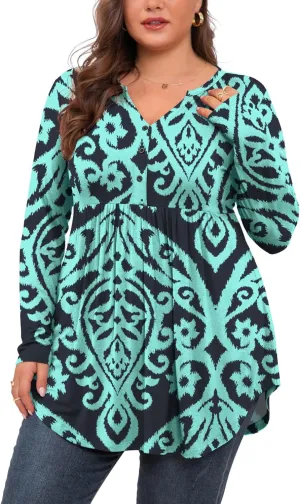 SHIJIALI Women's Plus Size Henley Shirts V Neck Button Tunic Tops Casual Long Sleeve Swing Flowy Blouse