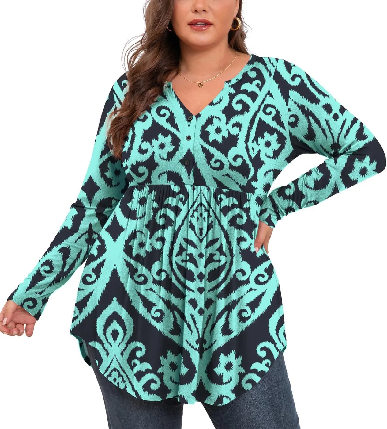 SHIJIALI Women's Plus Size Henley Shirts V Neck Button Tunic Tops Casual Long Sleeve Swing Flowy Blouse