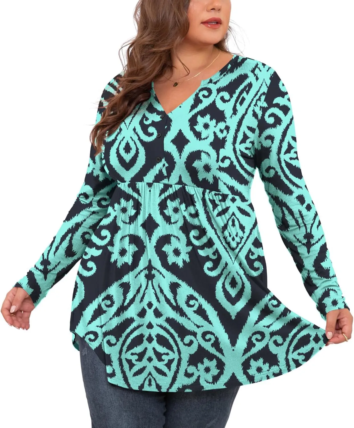 SHIJIALI Women's Plus Size Henley Shirts V Neck Button Tunic Tops Casual Long Sleeve Swing Flowy Blouse