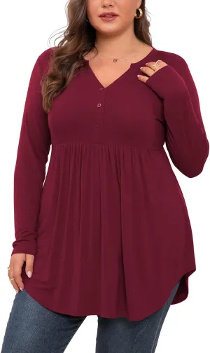 SHIJIALI Women's Plus Size Henley Shirts V Neck Button Tunic Tops Casual Long Sleeve Swing Flowy Blouse