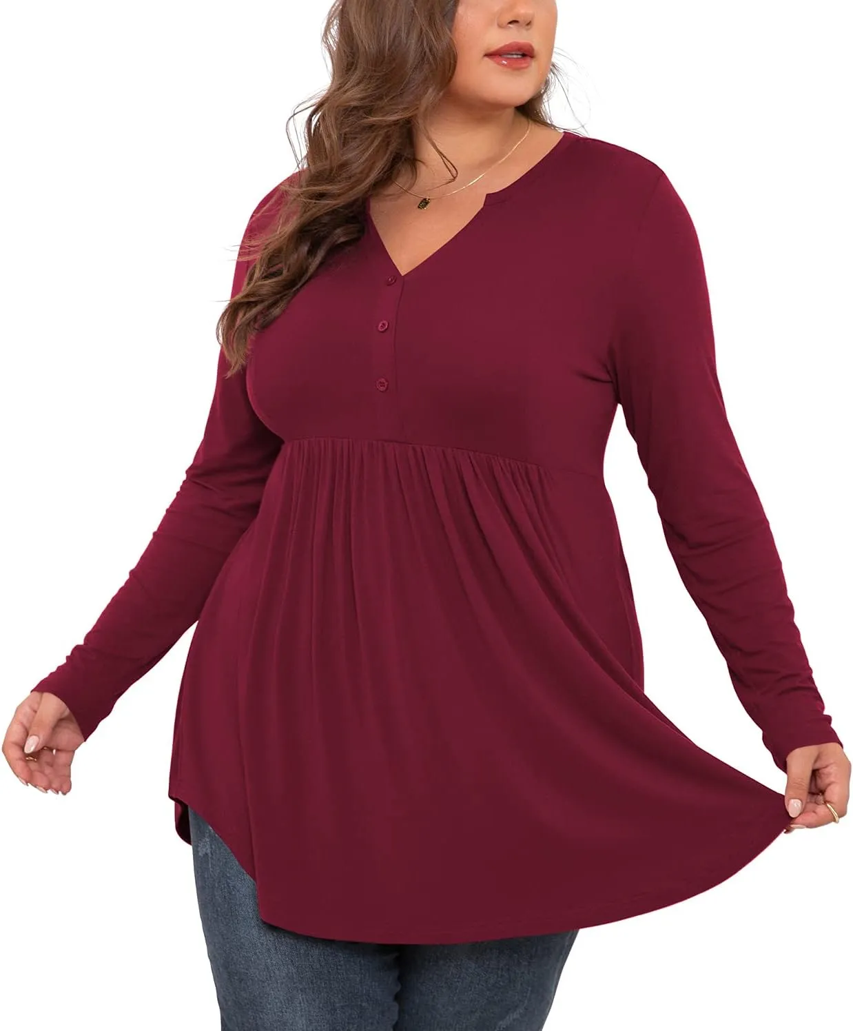 SHIJIALI Women's Plus Size Henley Shirts V Neck Button Tunic Tops Casual Long Sleeve Swing Flowy Blouse