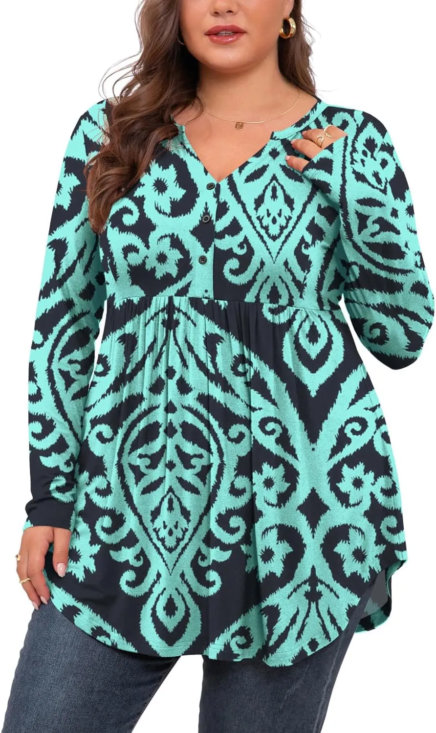SHIJIALI Women's Plus Size Henley Shirts V Neck Button Tunic Tops Casual Long Sleeve Swing Flowy Blouse