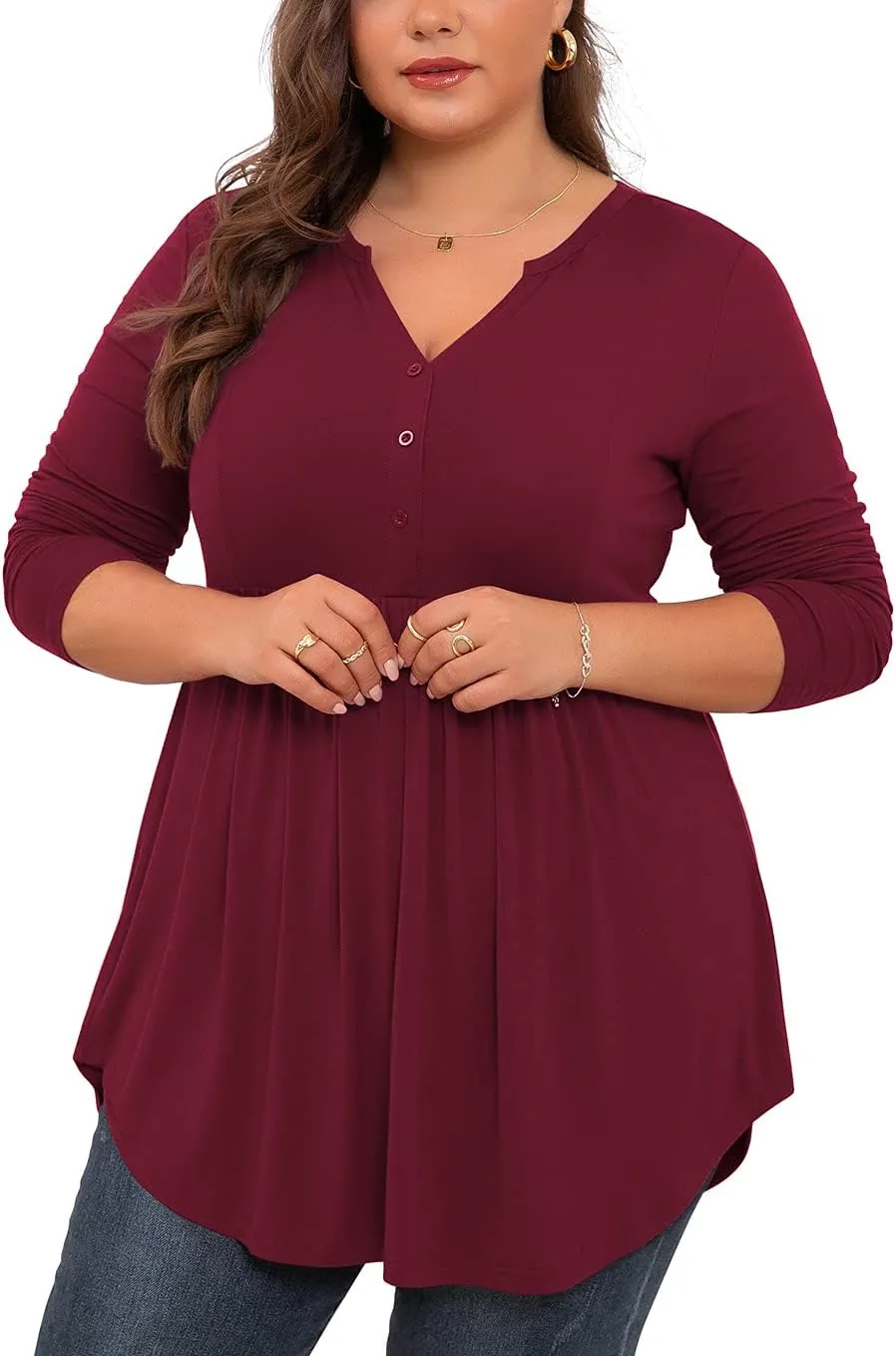 SHIJIALI Women's Plus Size Henley Shirts V Neck Button Tunic Tops Casual Long Sleeve Swing Flowy Blouse