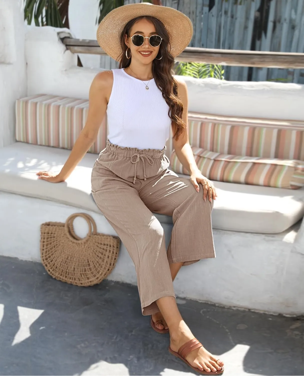 siliteelon Wide Leg Linen Pants for Women Summer Capri Palazzo Flowy Pants Casual Loose High Waist Trousers with Pockets