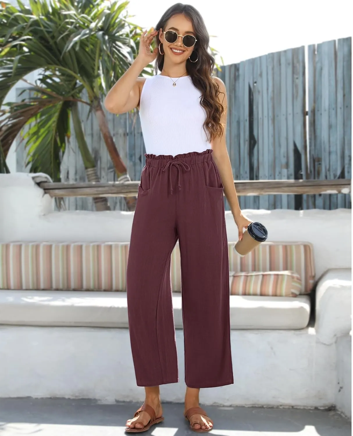 siliteelon Wide Leg Linen Pants for Women Summer Capri Palazzo Flowy Pants Casual Loose High Waist Trousers with Pockets