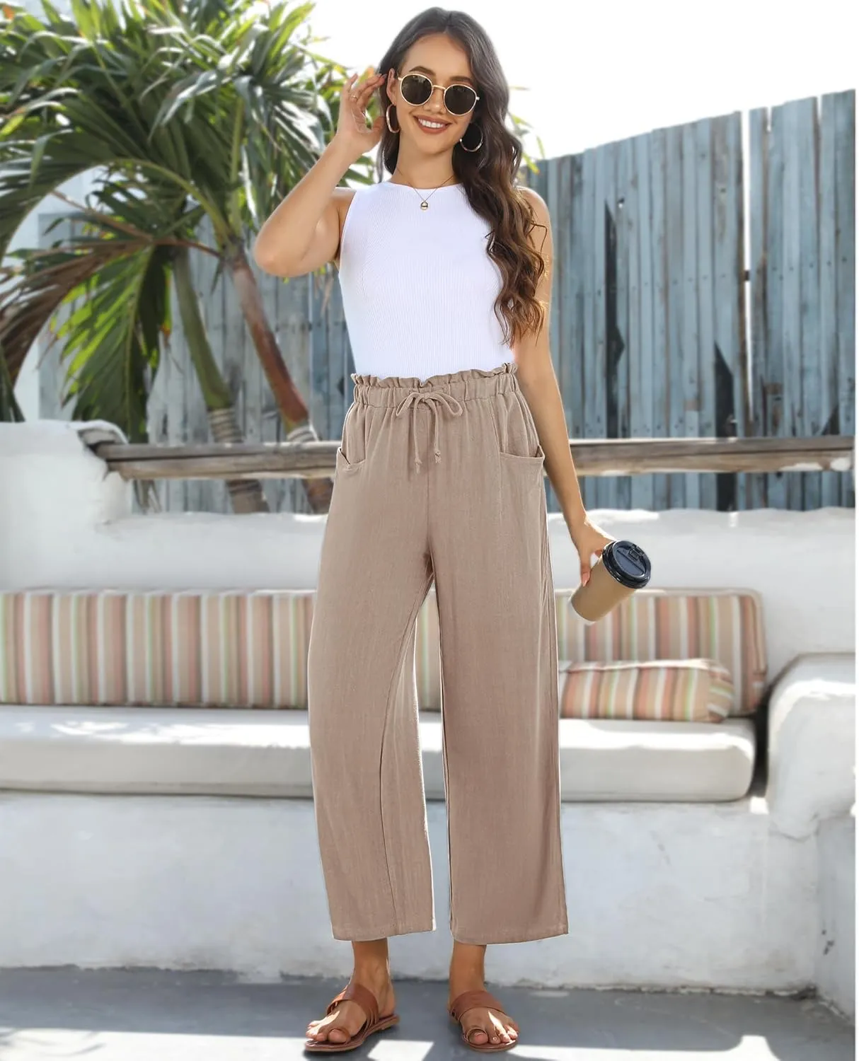 siliteelon Wide Leg Linen Pants for Women Summer Capri Palazzo Flowy Pants Casual Loose High Waist Trousers with Pockets
