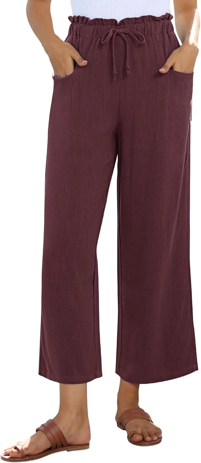 siliteelon Wide Leg Linen Pants for Women Summer Capri Palazzo Flowy Pants Casual Loose High Waist Trousers with Pockets