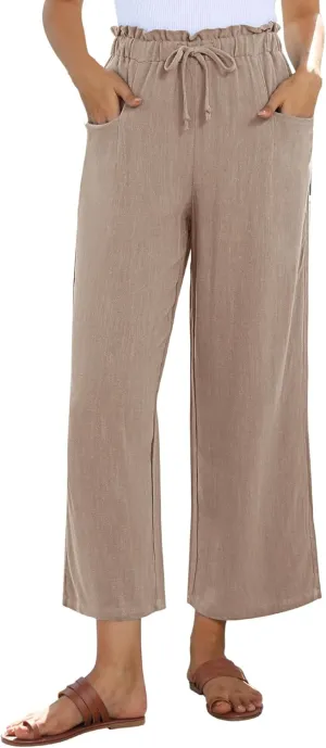 siliteelon Wide Leg Linen Pants for Women Summer Capri Palazzo Flowy Pants Casual Loose High Waist Trousers with Pockets