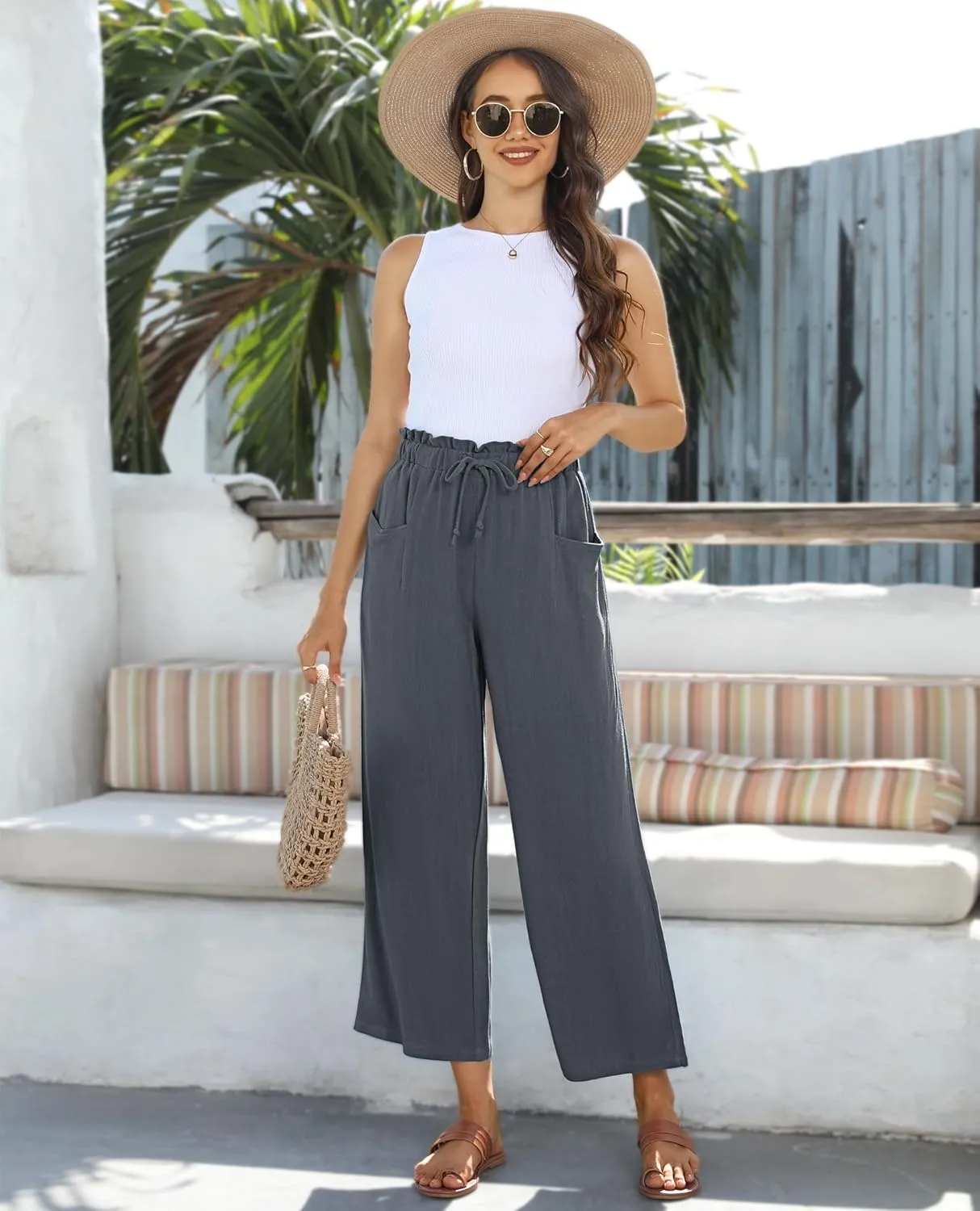 siliteelon Wide Leg Linen Pants for Women Summer Capri Palazzo Flowy Pants Casual Loose High Waist Trousers with Pockets
