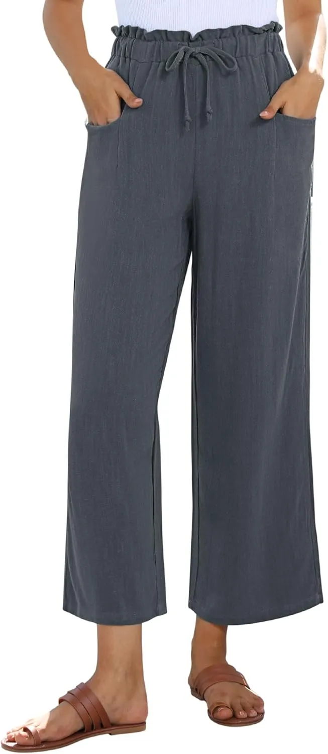 siliteelon Wide Leg Linen Pants for Women Summer Capri Palazzo Flowy Pants Casual Loose High Waist Trousers with Pockets