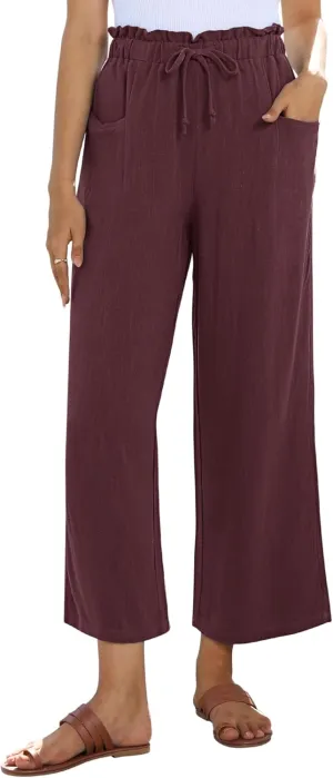 siliteelon Wide Leg Linen Pants for Women Summer Capri Palazzo Flowy Pants Casual Loose High Waist Trousers with Pockets
