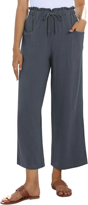 siliteelon Wide Leg Linen Pants for Women Summer Capri Palazzo Flowy Pants Casual Loose High Waist Trousers with Pockets