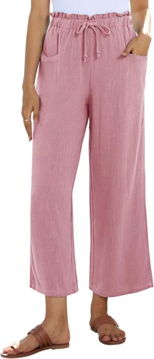 siliteelon Wide Leg Linen Pants for Women Summer Capri Palazzo Flowy Pants Casual Loose High Waist Trousers with Pockets