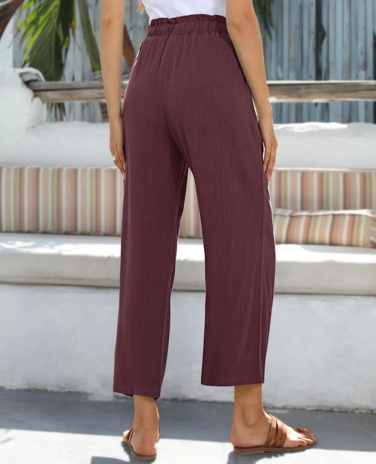 siliteelon Wide Leg Linen Pants for Women Summer Capri Palazzo Flowy Pants Casual Loose High Waist Trousers with Pockets