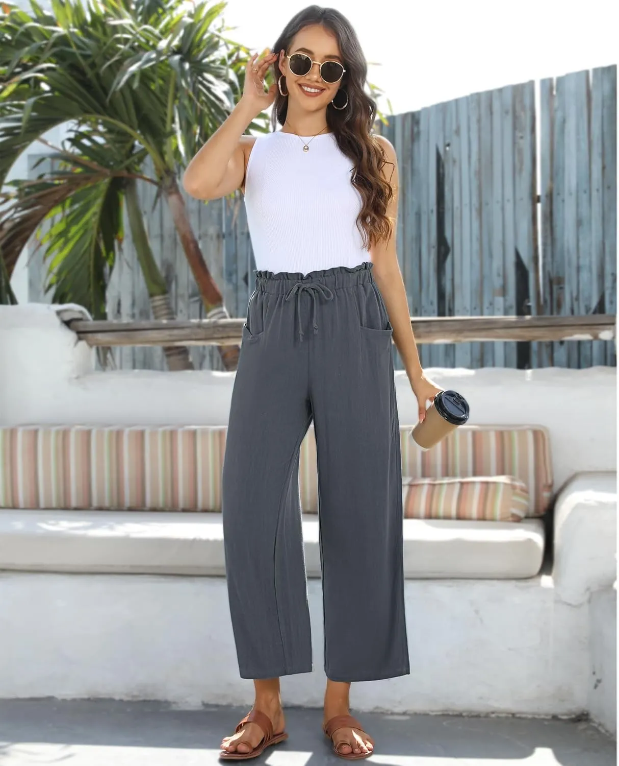 siliteelon Wide Leg Linen Pants for Women Summer Capri Palazzo Flowy Pants Casual Loose High Waist Trousers with Pockets