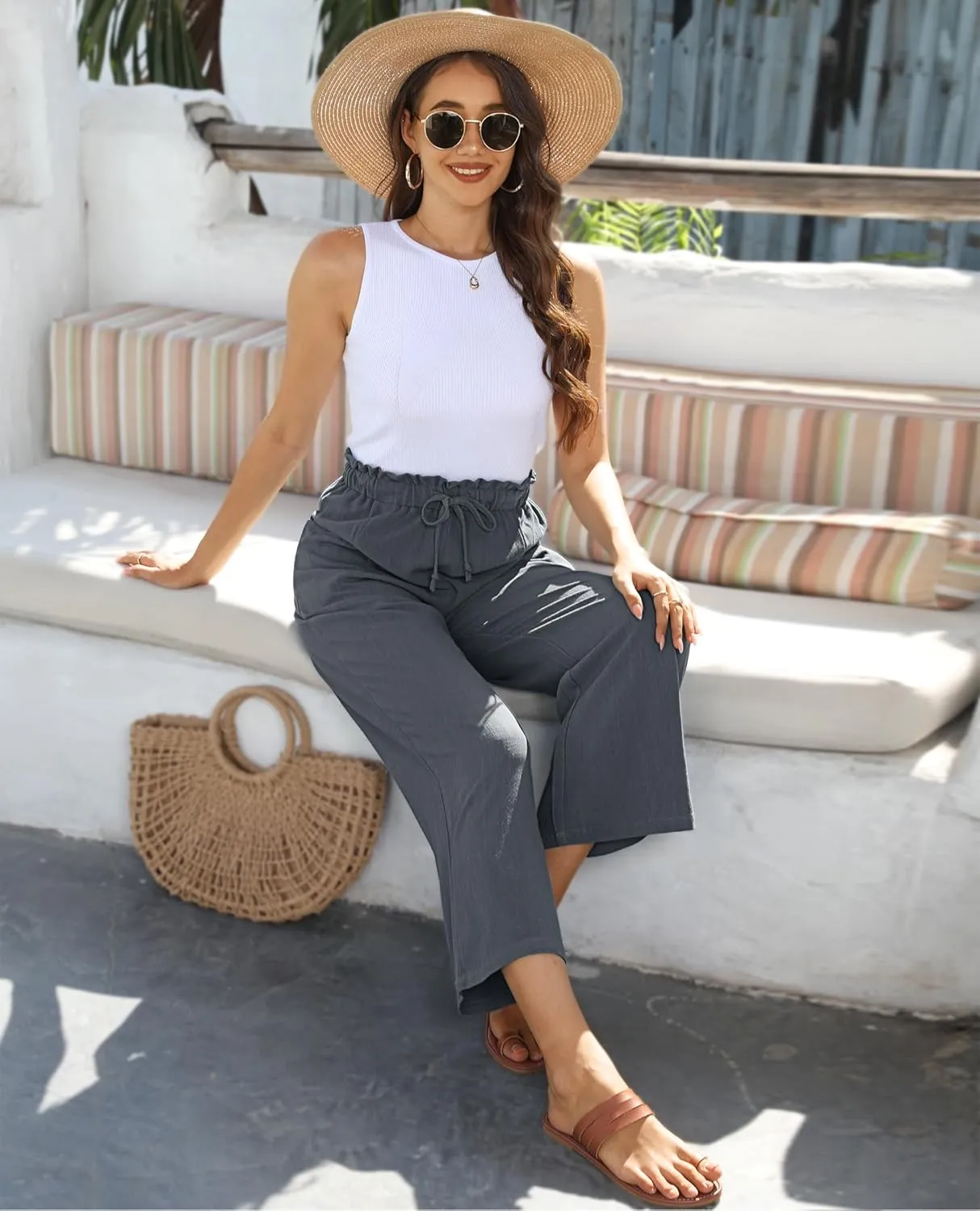 siliteelon Wide Leg Linen Pants for Women Summer Capri Palazzo Flowy Pants Casual Loose High Waist Trousers with Pockets