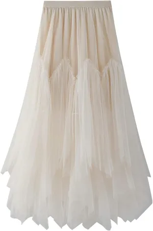 Skirts for Women 2025 High Waist Elastic Mesh Midi Skirt Elegant Floral Tulle A-line Skirts Trendy Irregular Skirt