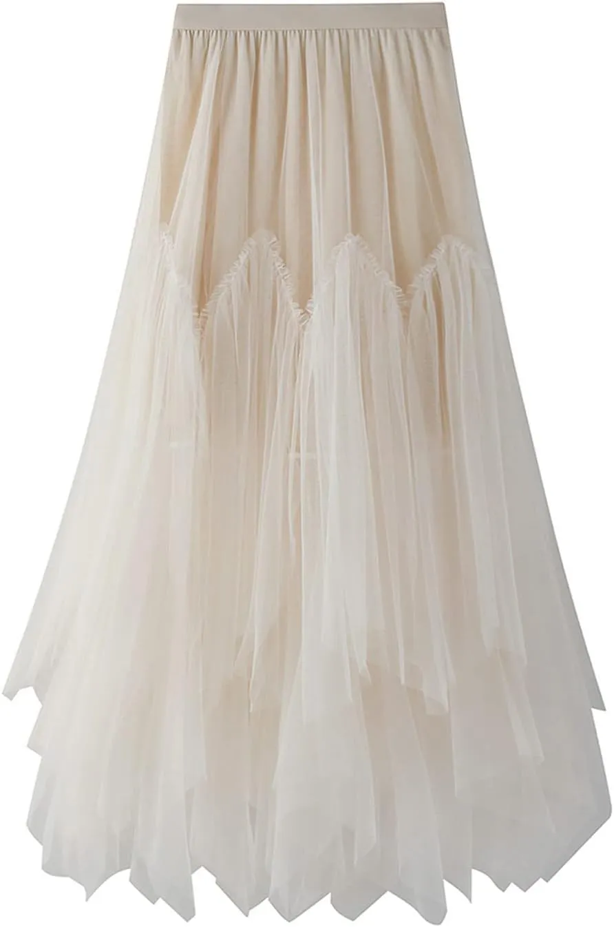 Skirts for Women 2025 High Waist Elastic Mesh Midi Skirt Elegant Floral Tulle A-line Skirts Trendy Irregular Skirt