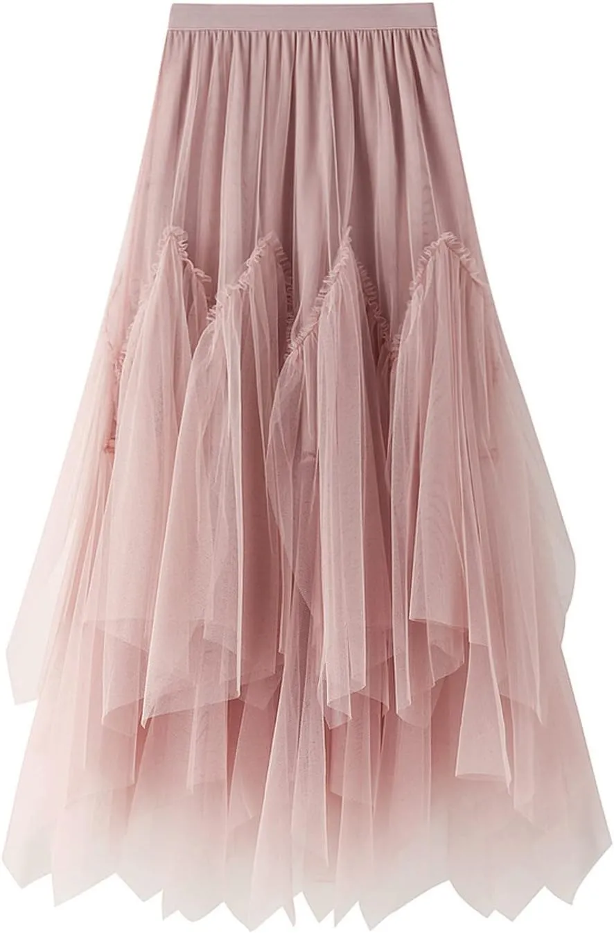 Skirts for Women 2025 High Waist Elastic Mesh Midi Skirt Elegant Floral Tulle A-line Skirts Trendy Irregular Skirt