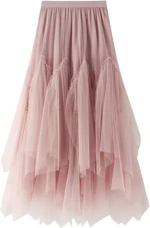 Skirts for Women 2025 High Waist Elastic Mesh Midi Skirt Elegant Floral Tulle A-line Skirts Trendy Irregular Skirt