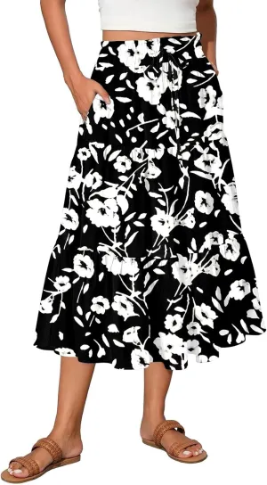 Skirts for Women Summer Plus Size Midi Knee Length Skirt Floral Boho Flowy Pleated Tiered A-Line Skirts with Pockets
