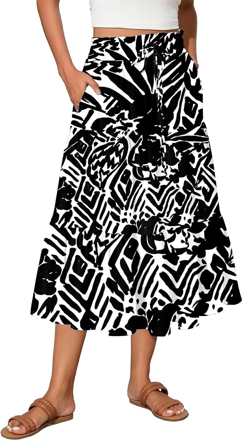 Skirts for Women Summer Plus Size Midi Knee Length Skirt Floral Boho Flowy Pleated Tiered A-Line Skirts with Pockets