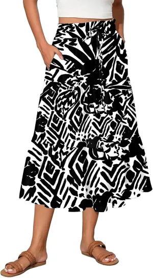 Skirts for Women Summer Plus Size Midi Knee Length Skirt Floral Boho Flowy Pleated Tiered A-Line Skirts with Pockets