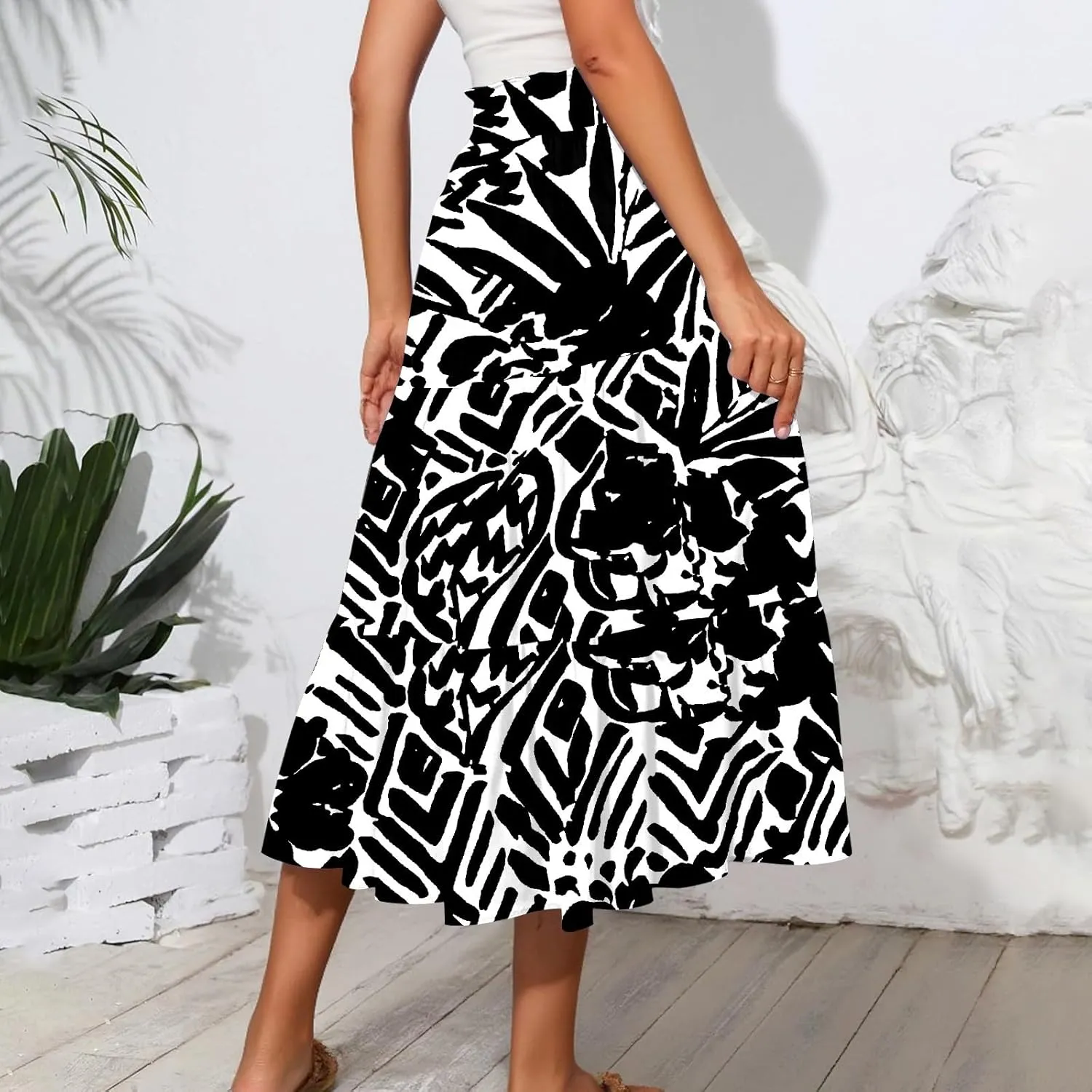 Skirts for Women Summer Plus Size Midi Knee Length Skirt Floral Boho Flowy Pleated Tiered A-Line Skirts with Pockets