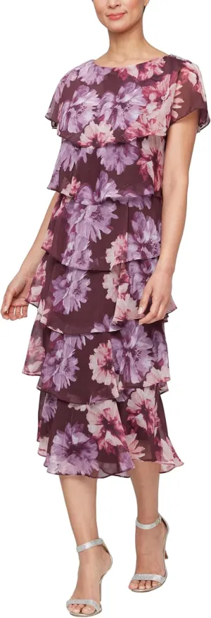 S.L. Fashions Women's Floral Tiered Spring/Summer Wedding Guest, Cocktail Dress, Special Occasion (Plus Size)