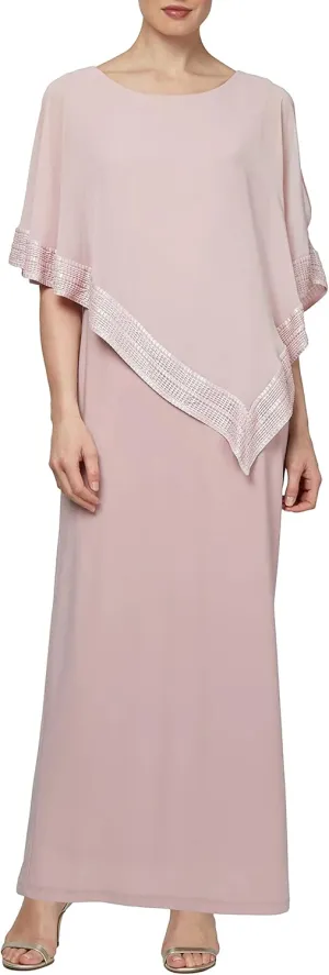 S.L. Fashions Women's Long Capelet Mother of The Bride Dress with Metallic Trim (Petite and Regular Sizes)