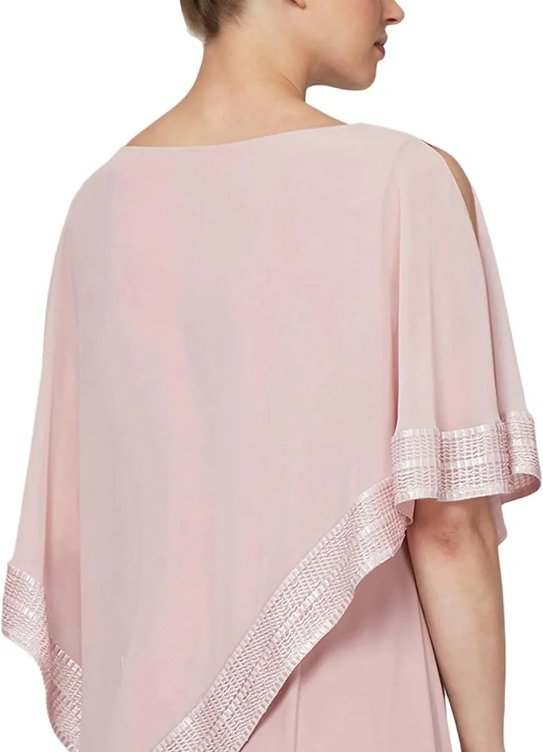 S.L. Fashions Women's Long Capelet Mother of The Bride Dress with Metallic Trim (Petite and Regular Sizes)