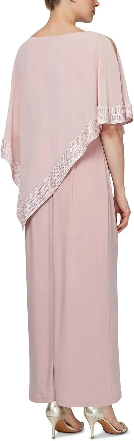 S.L. Fashions Women's Long Capelet Mother of The Bride Dress with Metallic Trim (Petite and Regular Sizes)