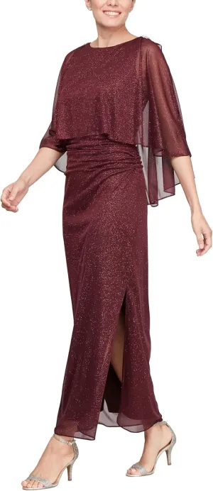 S.L. Fashions Women's Long Glitter Mesh Capelet Gown with Side Slit, Wedding Guest, Formal Dress (Petite and Regular Sizes)
