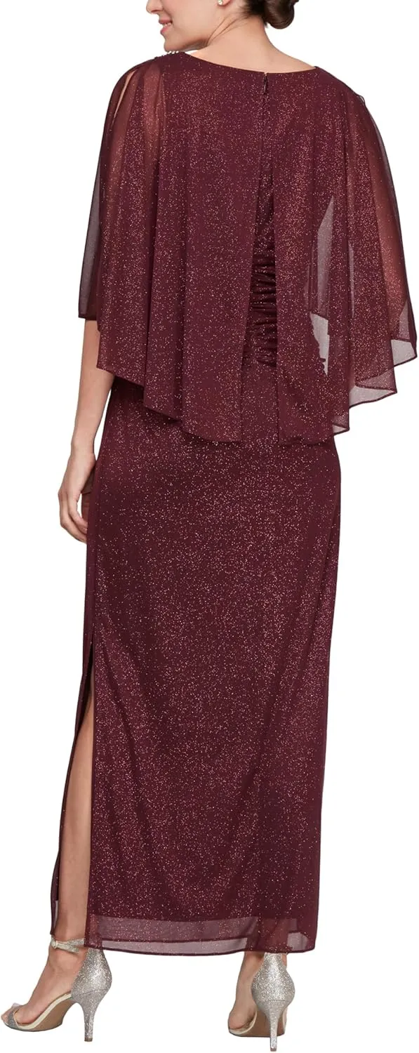S.L. Fashions Women's Long Glitter Mesh Capelet Gown with Side Slit, Wedding Guest, Formal Dress (Petite and Regular Sizes)