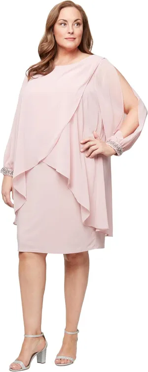 S.L. Fashions Women's Long Sleeve Chiffon Short Cocktail Dress, Mother of The Bride Gown (Plus Size)