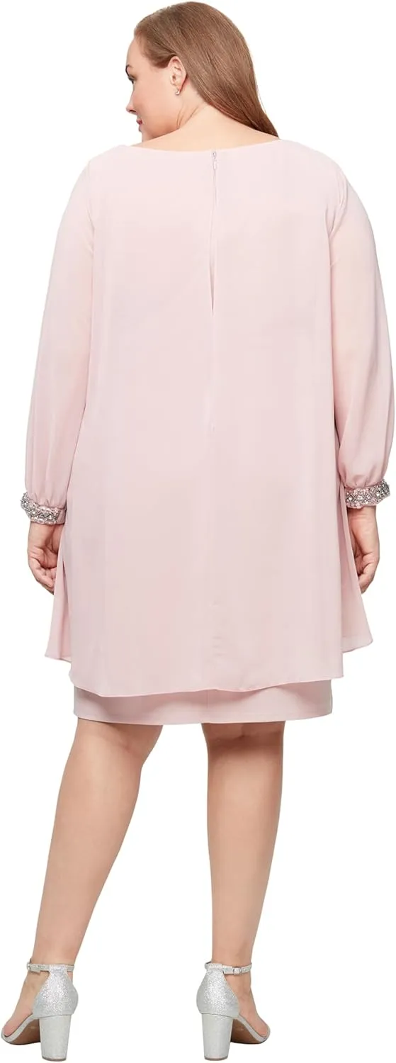 S.L. Fashions Women's Long Sleeve Chiffon Short Cocktail Dress, Mother of The Bride Gown (Plus Size)