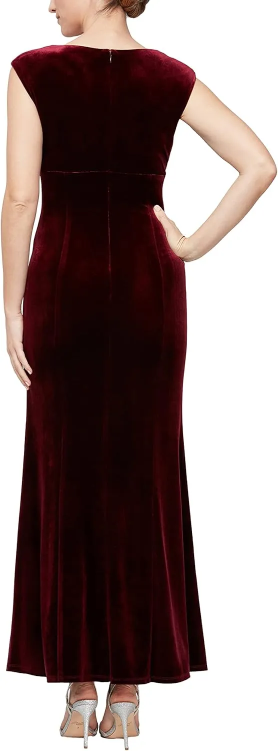 S.L. Fashions Women's Long Sleeveless Velvet Gown with Shoulder Embellishment