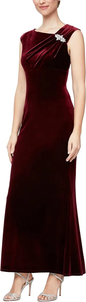 S.L. Fashions Women's Long Sleeveless Velvet Gown with Shoulder Embellishment