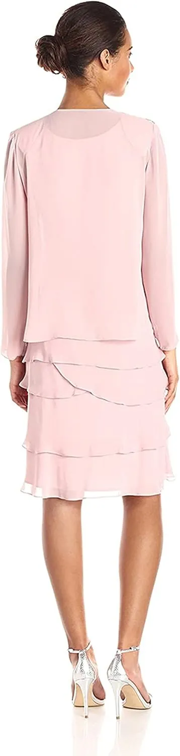 S.L. Fashions Women's Mother of The Bride Tiered Jacket Dress with Shoulder Embellishment (Petite and Regular Sizes)