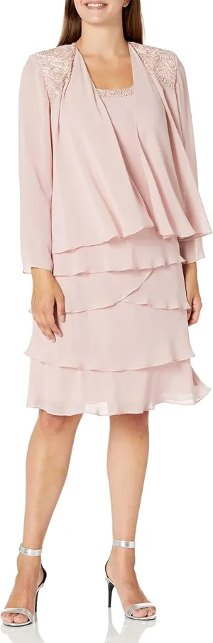 S.L. Fashions Women's Mother of The Bride Tiered Jacket Dress with Shoulder Embellishment (Petite and Regular Sizes)