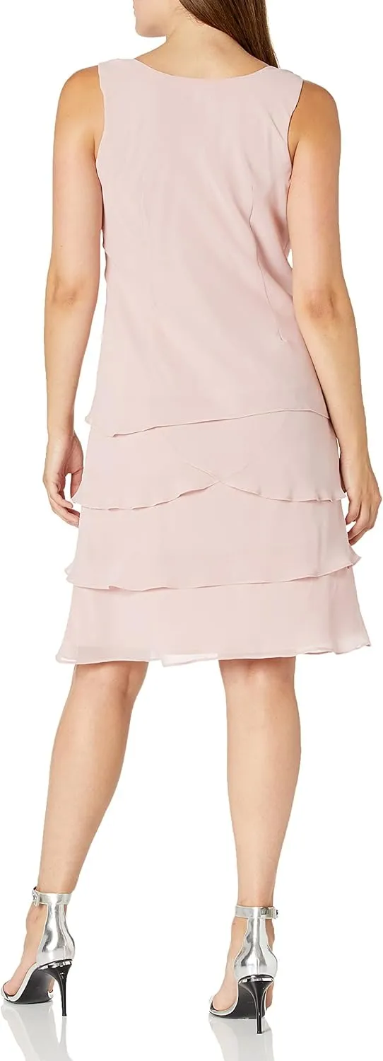 S.L. Fashions Women's Mother of The Bride Tiered Jacket Dress with Shoulder Embellishment (Petite and Regular Sizes)