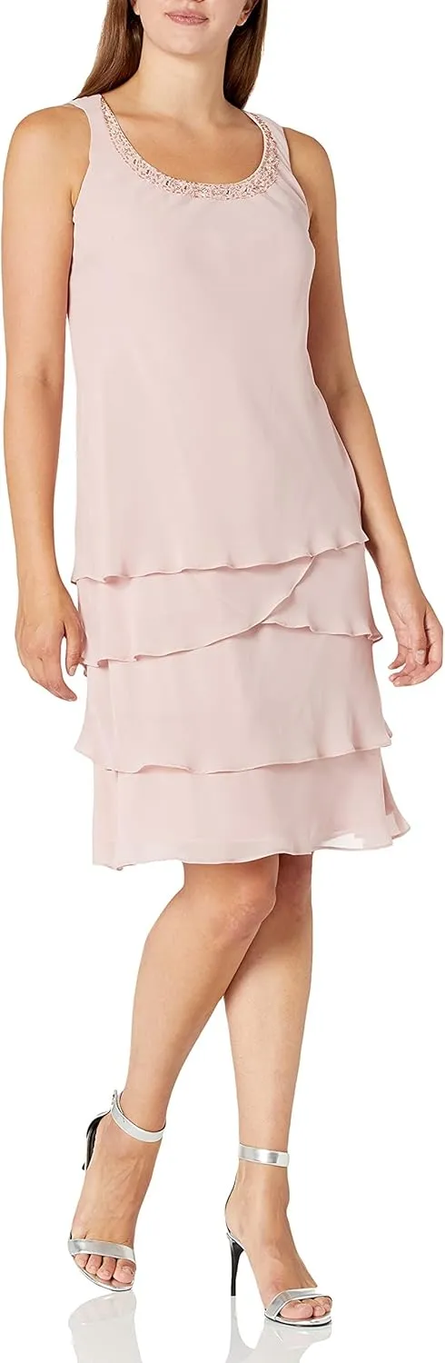 S.L. Fashions Women's Mother of The Bride Tiered Jacket Dress with Shoulder Embellishment (Petite and Regular Sizes)