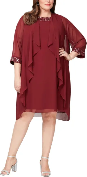 S.L. Fashions Women's Plus Size Chiffon Tier Jacket Dress with Beading Detail