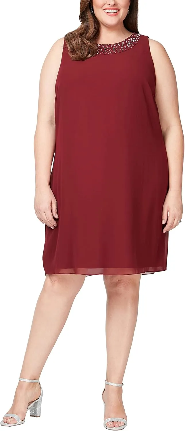 S.L. Fashions Women's Plus Size Chiffon Tier Jacket Dress with Beading Detail